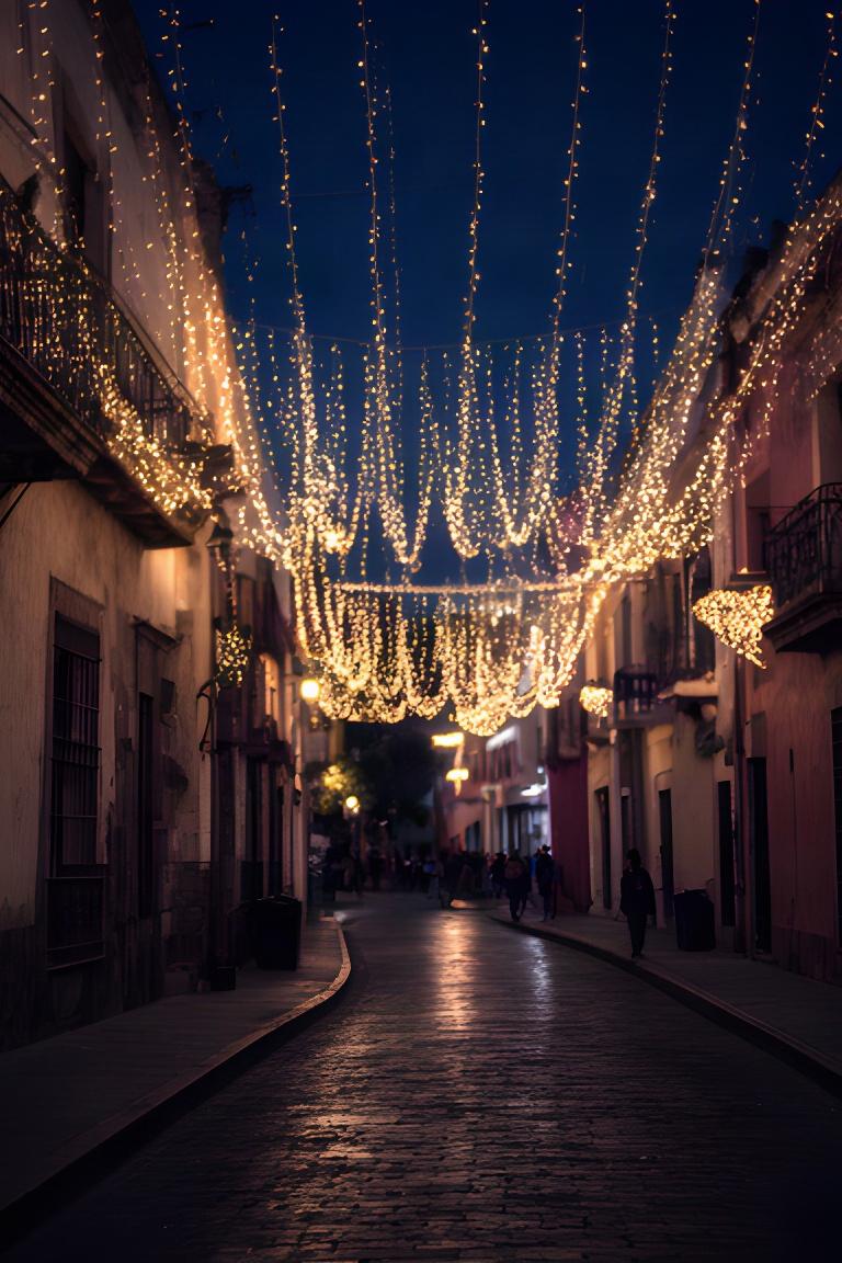 Calles de Cholula decoradas con luces cálidas durante una celebración nocturna