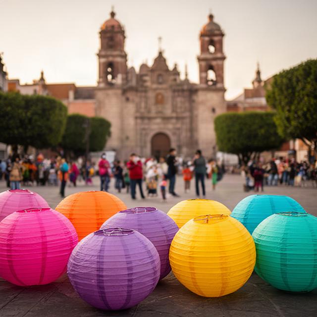 Faroles de papel reunidos frente a la plaza de San Pedro Cholula