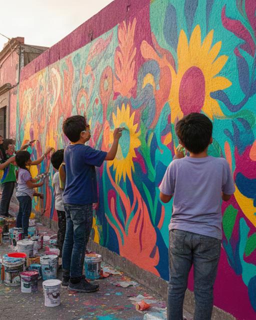 Jóvenes artistas pintando un mural colorido en una calle de Cholula