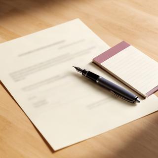 Documento impreso con firma junto a una pluma y una libreta