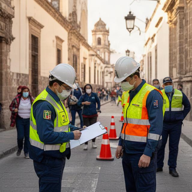 Personal de Protección Civil revisando una calle de Cholula tras el movimiento sísmico