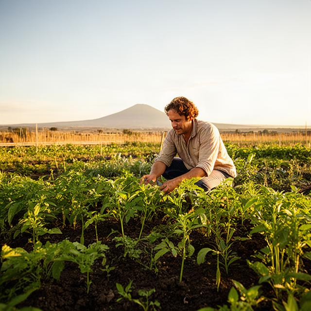 Productora de Cholula revisando plantas jóvenes en una parcela de agricultura regenerativa