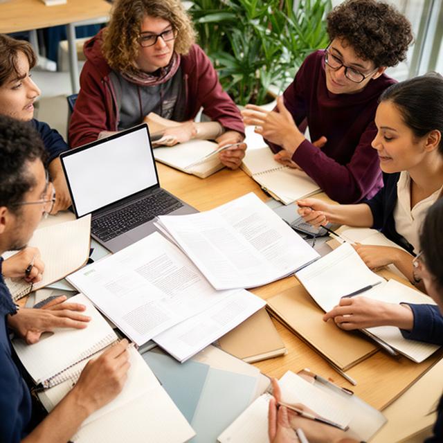 Grupo de estudiantes universitarios revisando un análisis periodístico en una mesa