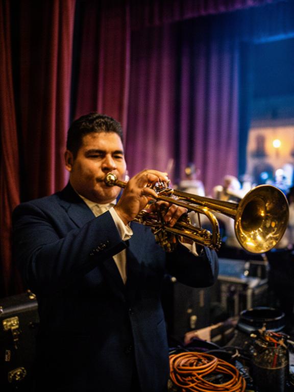Músico de banda poblana afinando una trompeta detrás del escenario de una plaza local