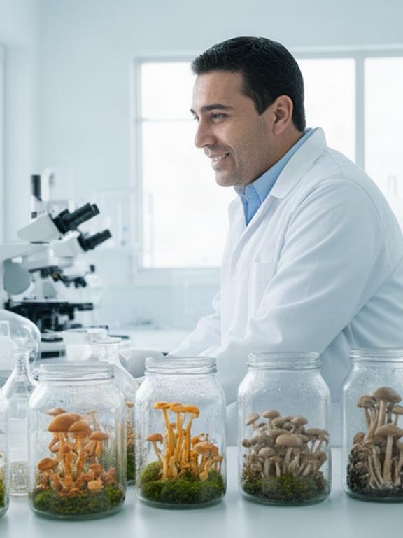 Científico poblano observando cultivos de hongos en frascos dentro de un laboratorio luminoso