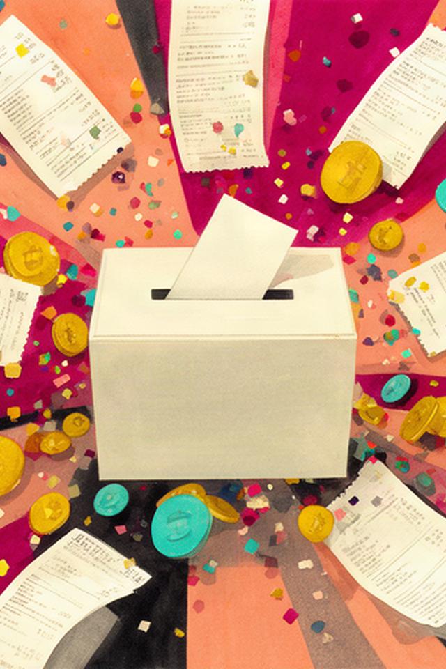 Ilustración editorial de urnas, confeti y recibos sobre una mesa de campaña electoral