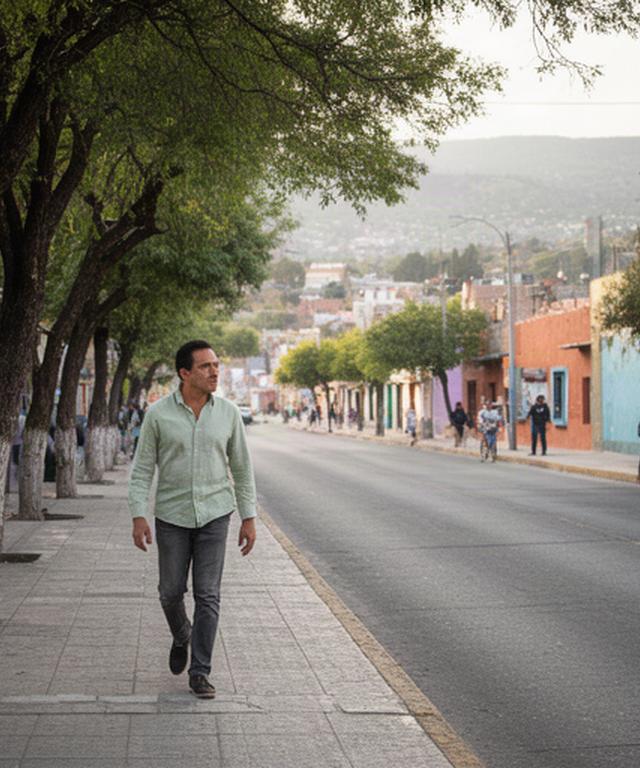 Urbanista caminando por una calle arbolada de Cholula mientras observa el tránsito y las banquetas