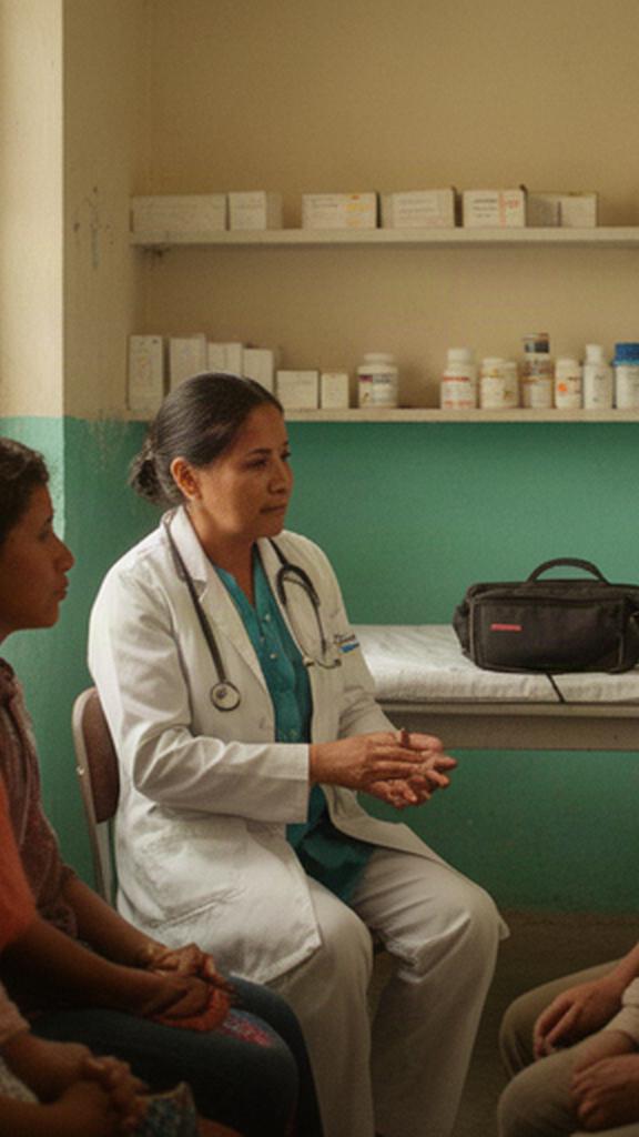 Médica rural atendiendo a una familia en un consultorio comunitario de la Mixteca poblana