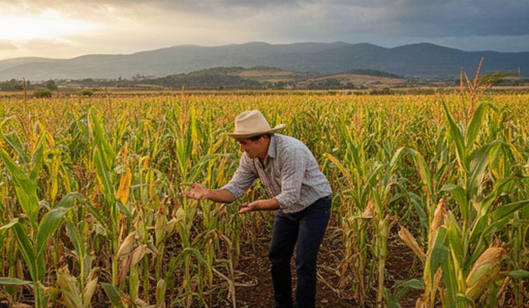 Campesino revisando plantas de maíz en una parcela de la región poblana