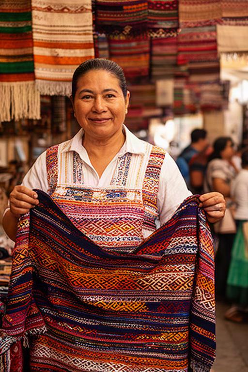 Artesana mostrando textiles tradicionales en un mercado de Puebla