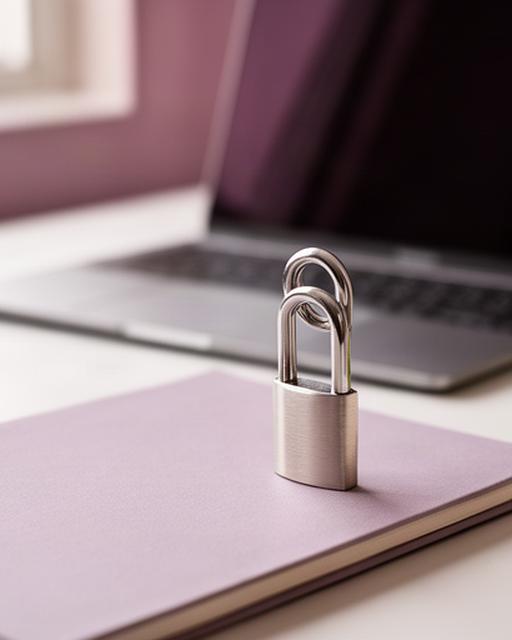 Candado metálico sobre una libreta junto a una computadora en una mesa de trabajo