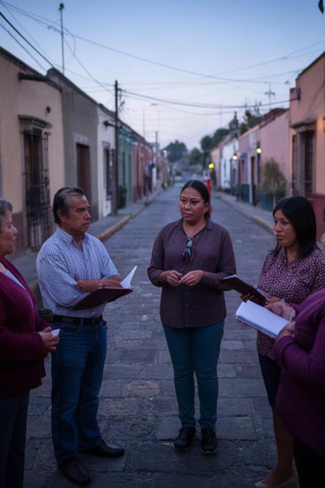 Vecinos reunidos en una calle tranquila de Cholula durante una charla sobre seguridad