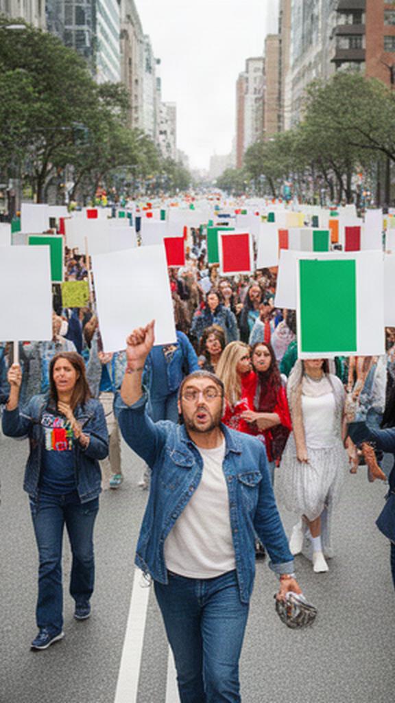Marcha ciudadana recorriendo una avenida con carteles y consignas informativas