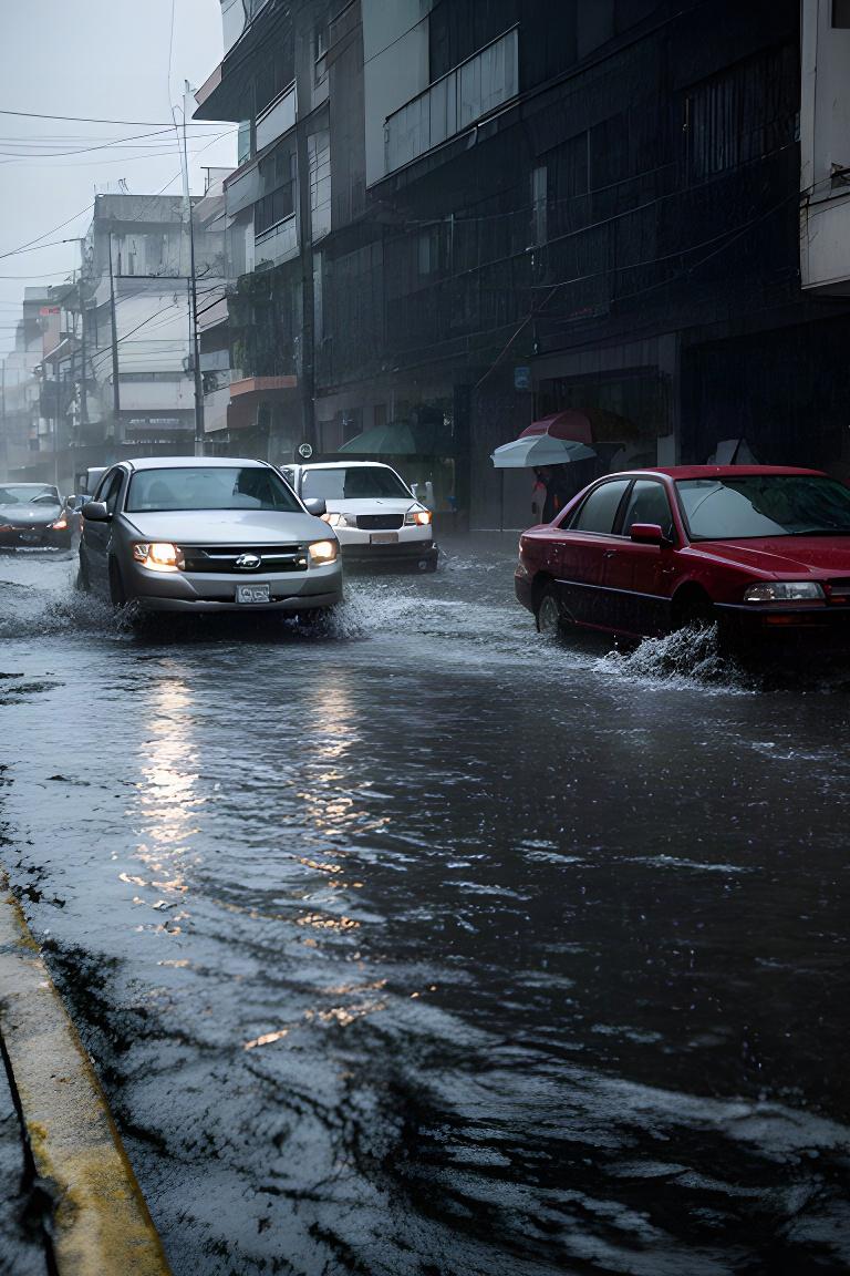 Calle de Cholula anegada después de una lluvia intensa con vehículos avanzando lentamente