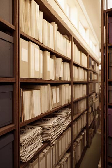 Archivo de periódicos y carpetas organizado en una biblioteca de redacción