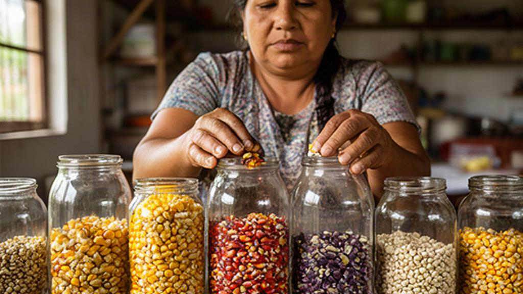 Campesina guardando semillas de maíz nativo en frascos dentro de una casa comunitaria