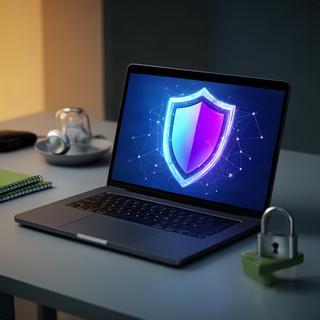 Computadora portátil con pantalla de seguridad digital en una mesa de trabajo