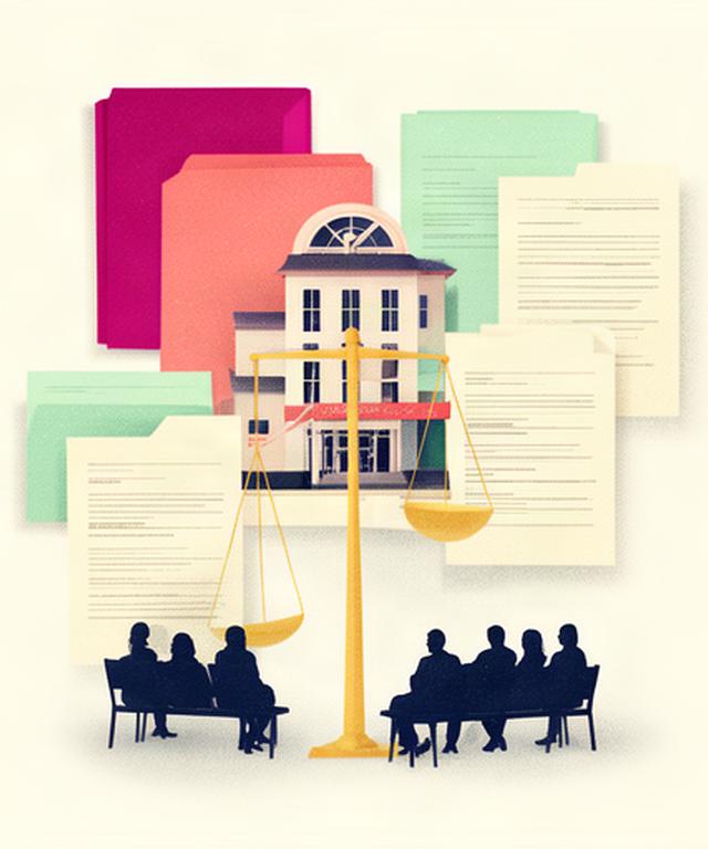 Ilustración editorial de una clínica comunitaria, expedientes y una balanza de prioridades