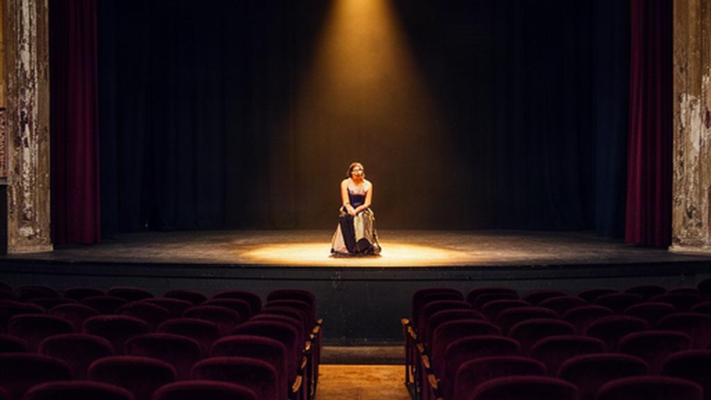 Actriz poblana ensayando una escena en un teatro pequeño con butacas vacías