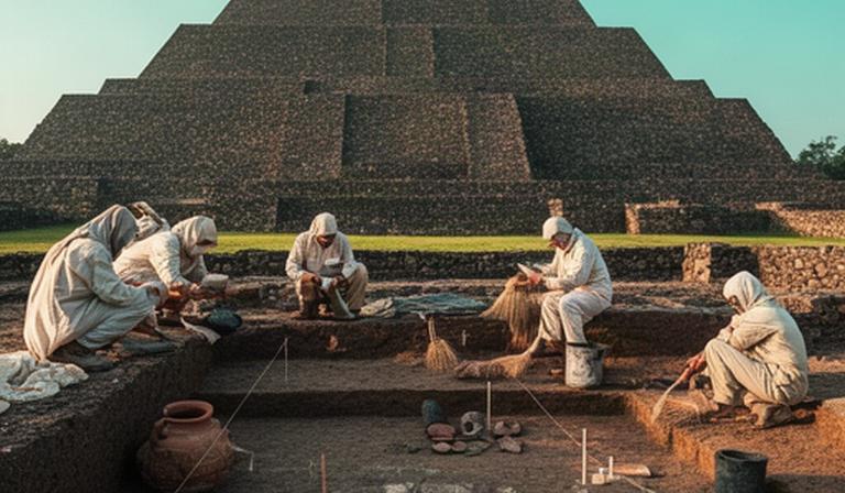 Pirámide de Cholula y zona arqueológica donde trabajan arqueólogos