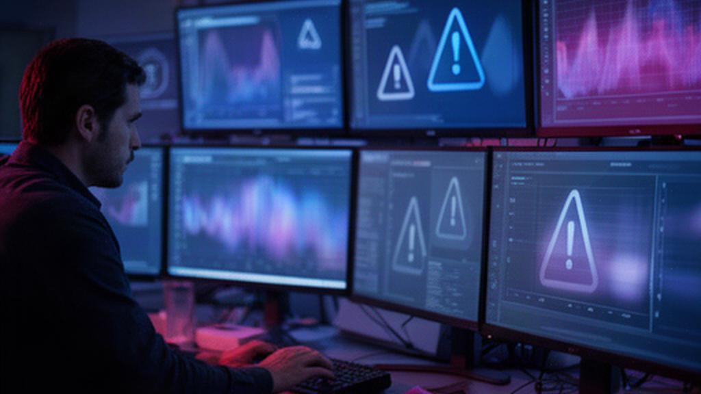 Especialista revisando alertas de seguridad en varias pantallas