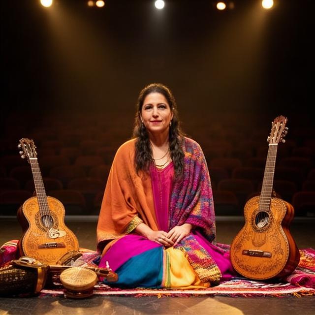 Lila Downs durante una charla cultural en un teatro de Puebla, rodeada de instrumentos tradicionales