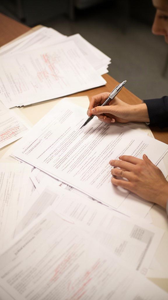 Editora revisando un texto periodístico con anotaciones sobre una mesa