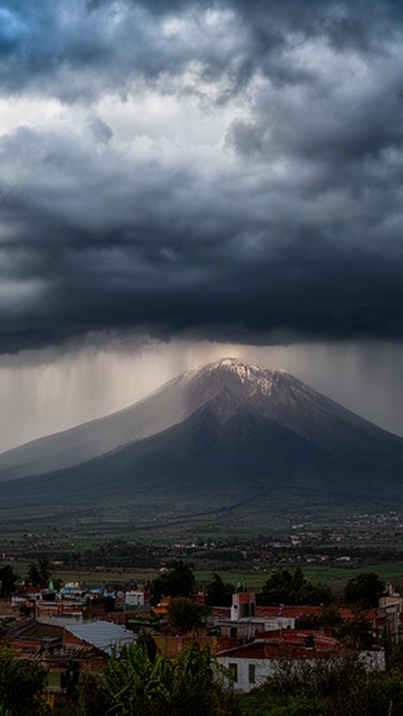 Nubes de lluvia sobre el volcán Popocatépetl vistas desde una comunidad de Puebla