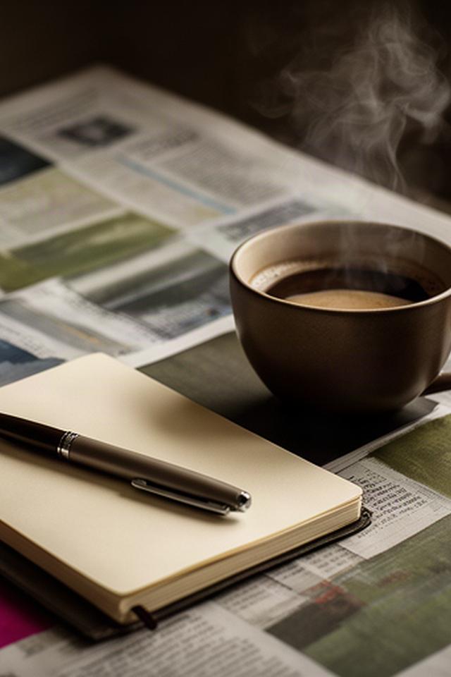 Mesa de redacción con periódicos internacionales, una libreta y una taza de café
