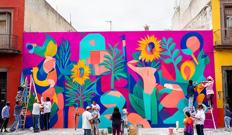 Mural colorido del colectivo Muro Vivo en una calle de Cholula