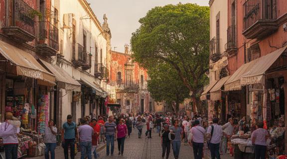 Calle histórica de Cholula con personas caminando y actividad comercial local
