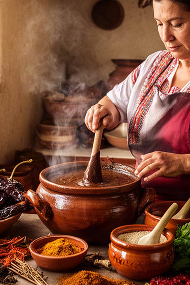 Cocinera poblana preparando mole en una cocina tradicional con cazuelas de barro