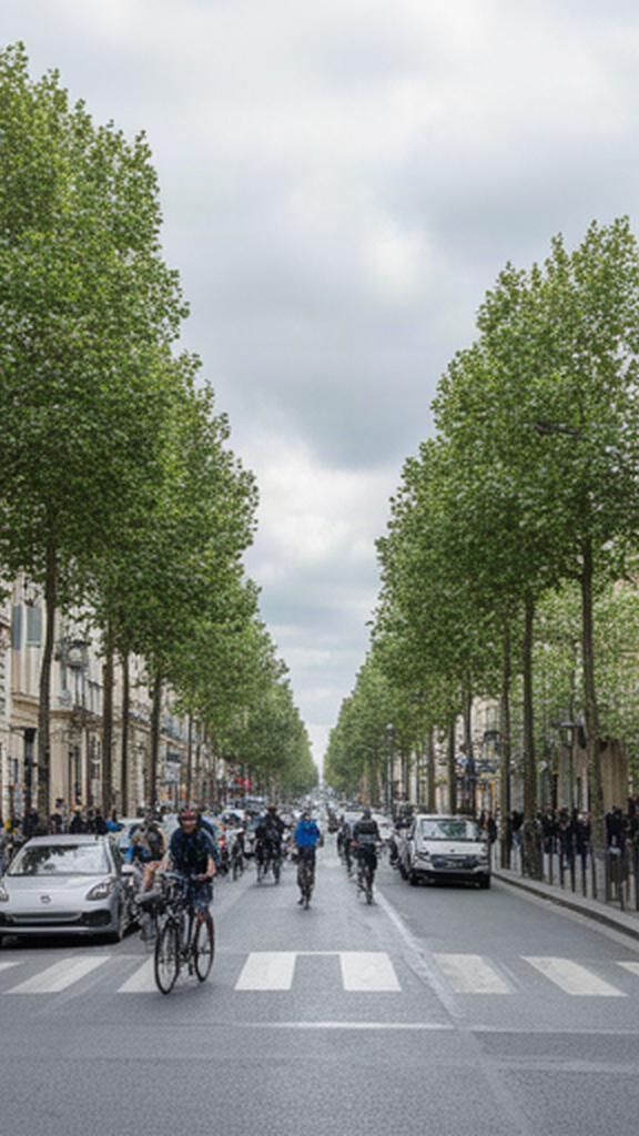 Calle de París con señalización de zona de bajas emisiones y tráfico urbano