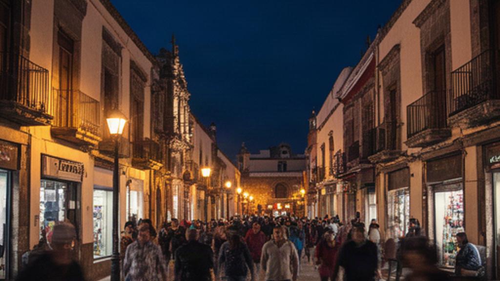 Centro histórico de Cholula iluminado por la noche con transeúntes y fachadas antiguas