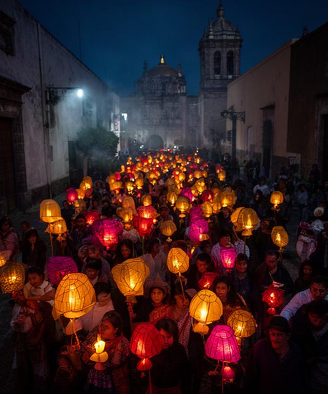 Faroles encendidos durante la procesión nocturna en las calles de Cholula
