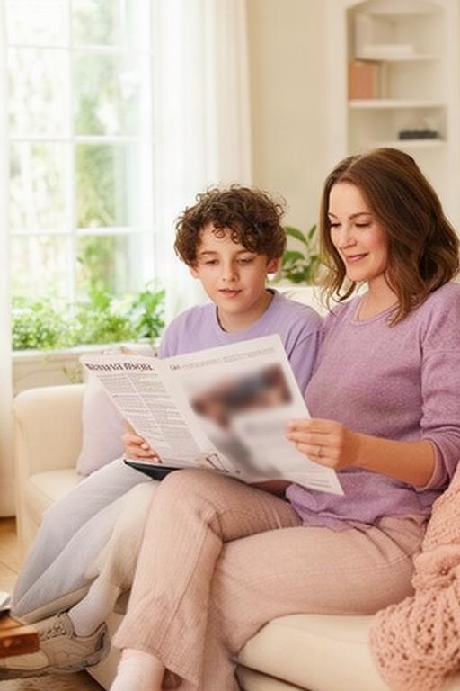 Madre y adolescente leyendo noticias en una sala familiar luminosa