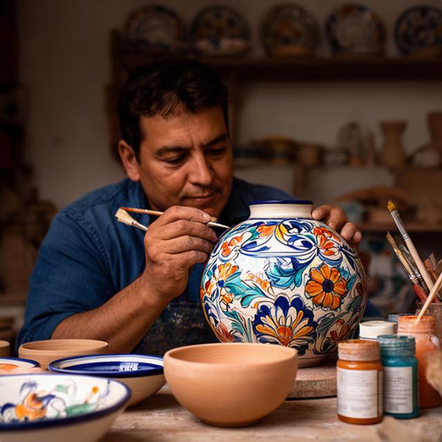 Artesana pintando una pieza de talavera en un taller familiar de Puebla