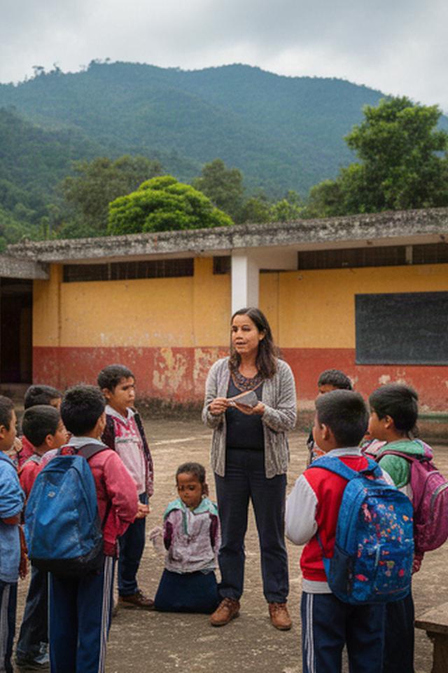Maestra comunitaria conversando con estudiantes en un patio escolar de la Sierra Norte de Puebla
