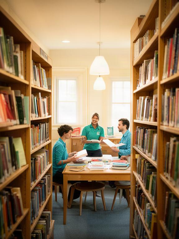 Biblioteca comunitaria con estantes llenos de libros y una mesa de lectura