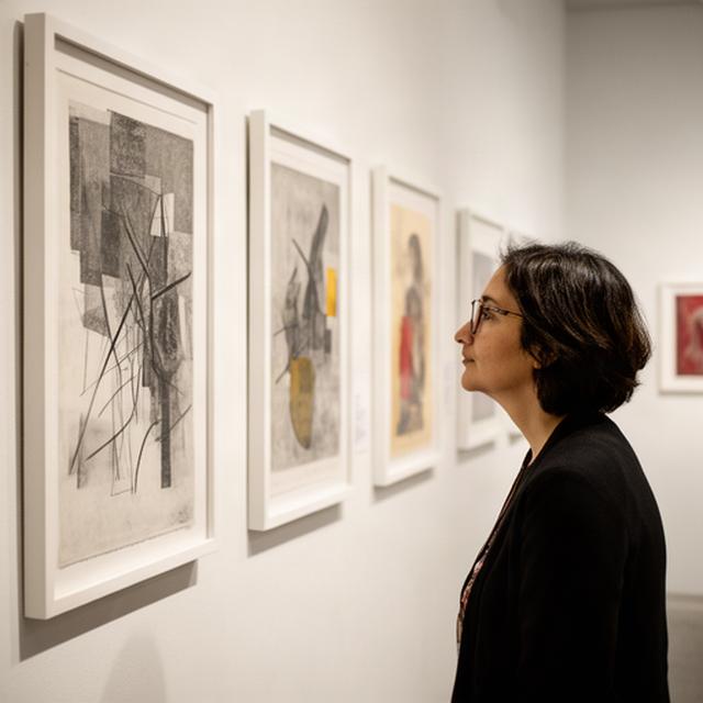 Visitante observando una exposición de grabado contemporáneo en una galería de Puebla
