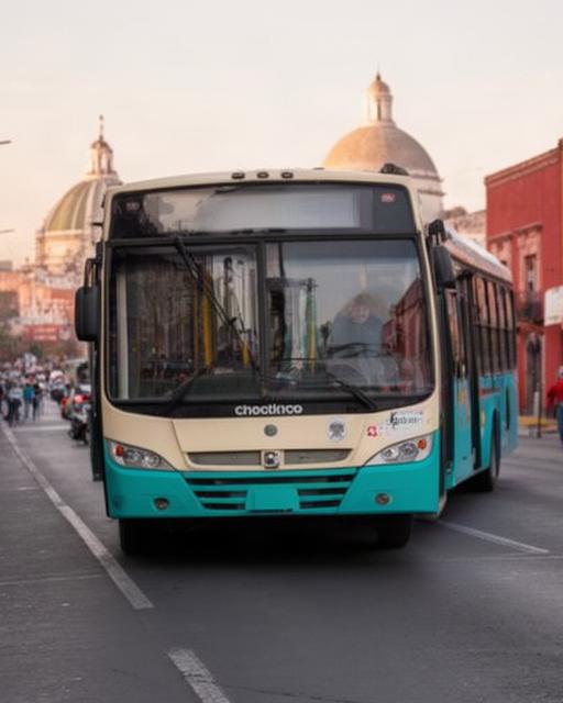 Unidad de transporte público circulando por una avenida de San Pedro Cholula