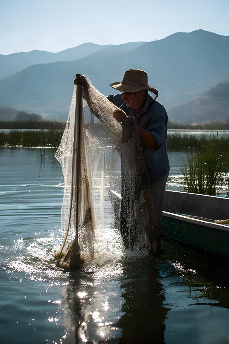 Pescador levantando una red en una laguna de Puebla rodeada de montañas bajas