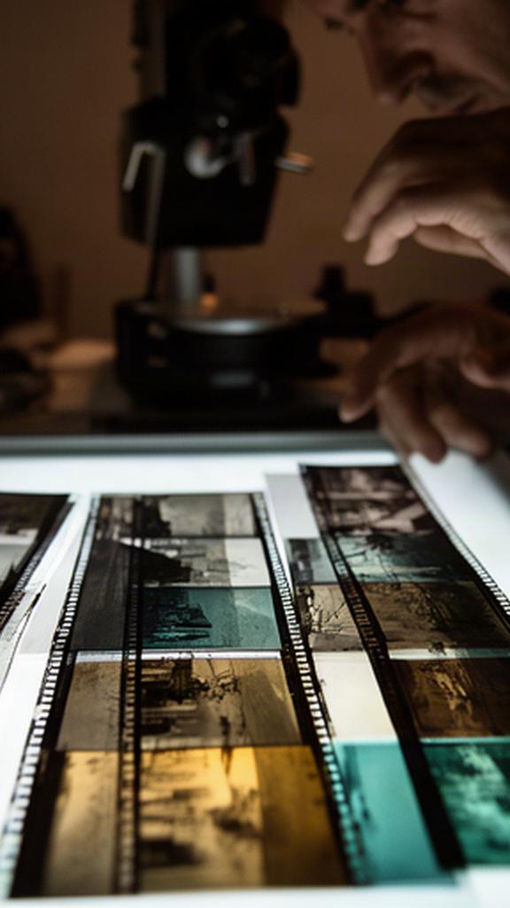 Fotógrafa documental observando negativos y contactos de escenas urbanas de Puebla