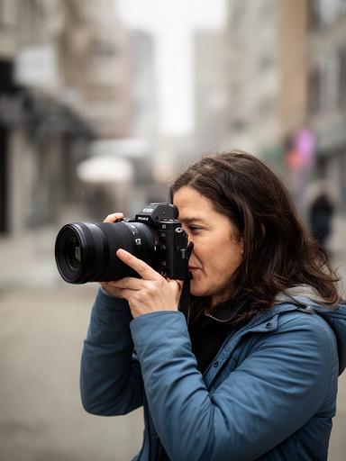 Fotógrafa documentando una escena urbana con cámara profesional