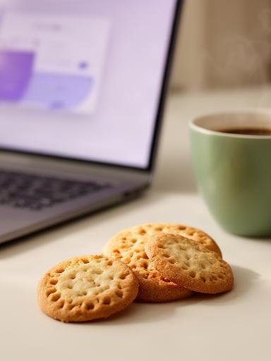 Galletas de navegador representadas en una pantalla junto a una taza de café